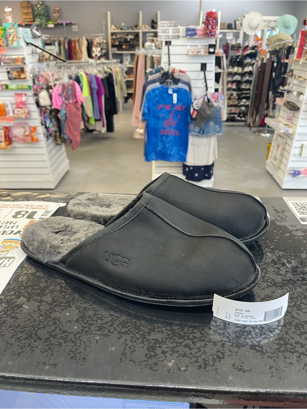 UGG Black Leather Shearling-Trim Slip-On Slippers